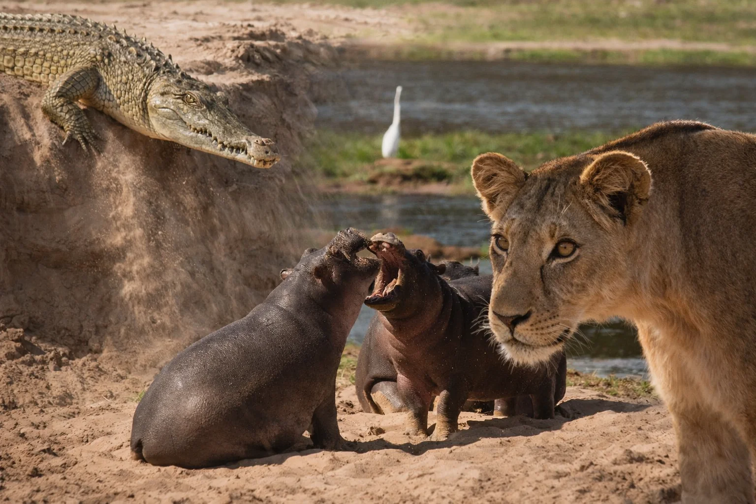 Coccodrillo, ippopotami e leonessa durante un safari fotografico a Nyerere e Ruaha in Tanzania