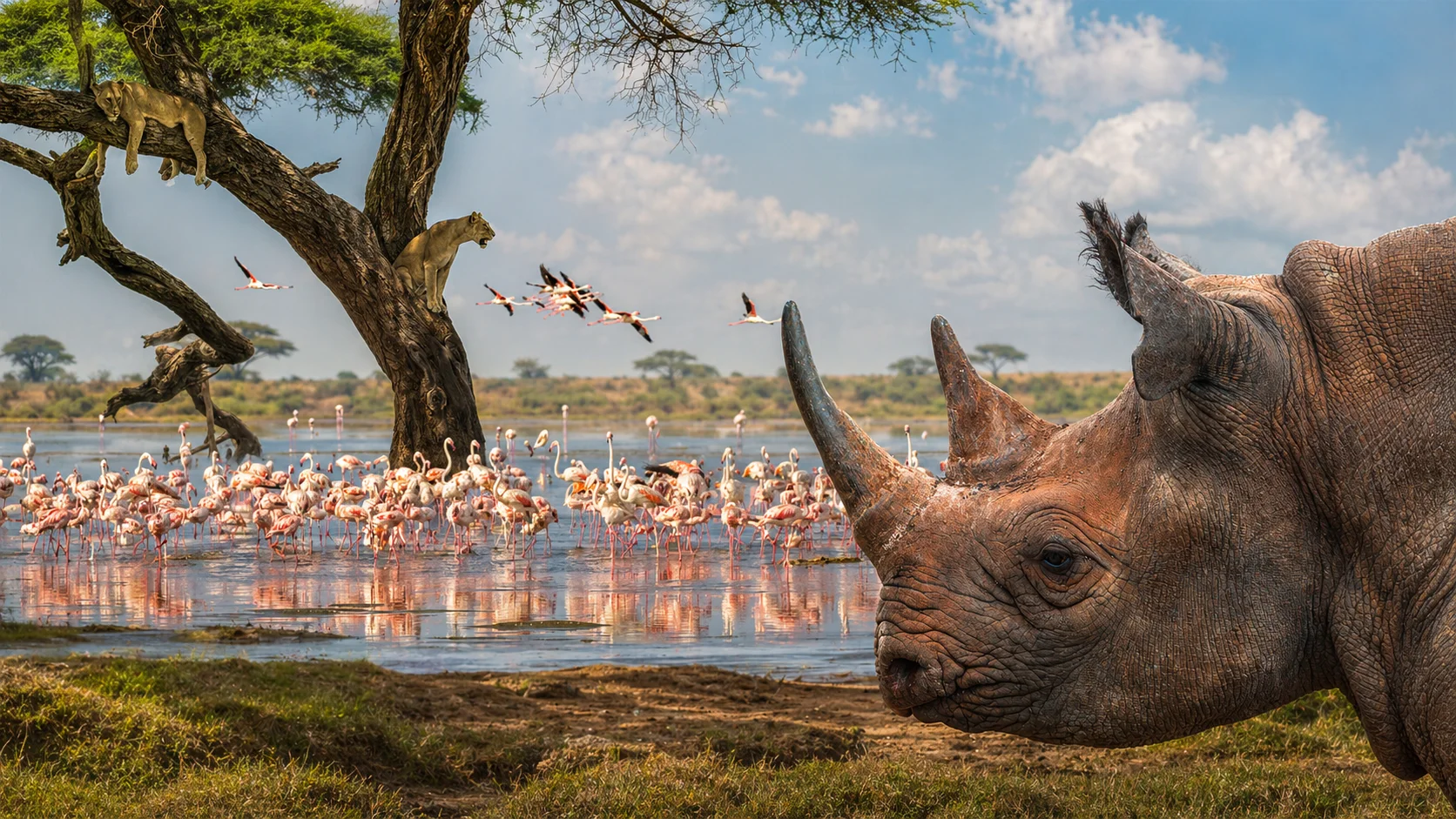 Fusione fotografica dell’itinerario alternativo tra Tarangire, Lago Natron e Mkomazi, con baobab, paesaggi vulcanici, fenicotteri e fauna africana
