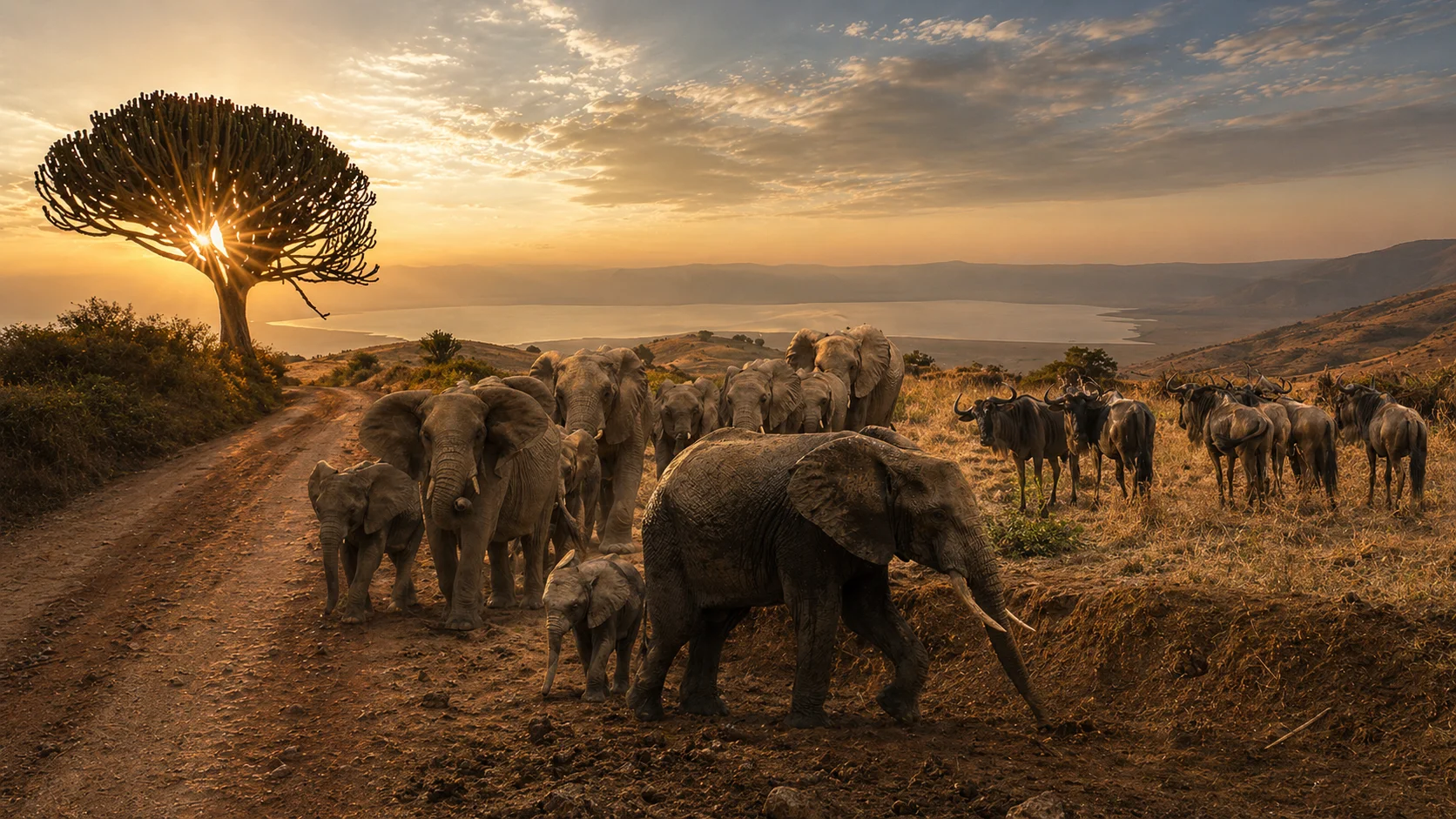 Fusione fotografica del safari nella stagione secca tra Tarangire, Ngorongoro e Serengeti/Grumeti, con luce dorata, savana aperta e fauna selvatica