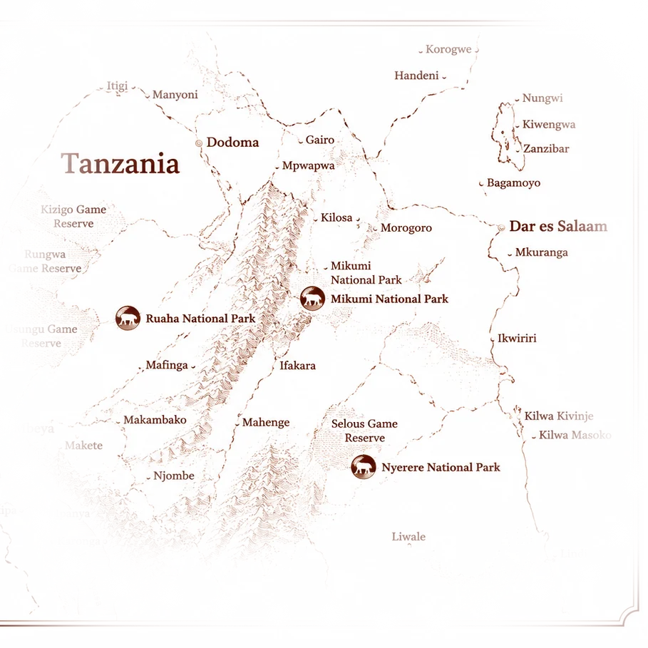 La mappa della tanzania del sud che mostra dove si trovano Nyerere e Ruaha duranti il nostro safari fotografico fly-in