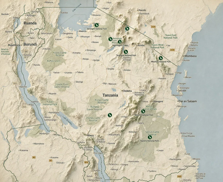 Mappa della Tanzania con parchi nazionali disponibili per safari fotografici su misura e viaggi personalizzati