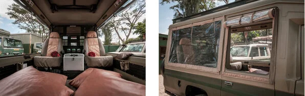 Interior of photographic safari vehicle with window seats for four photographer