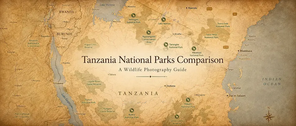 Map of Tanzania showing national parks compared for wildlife photography