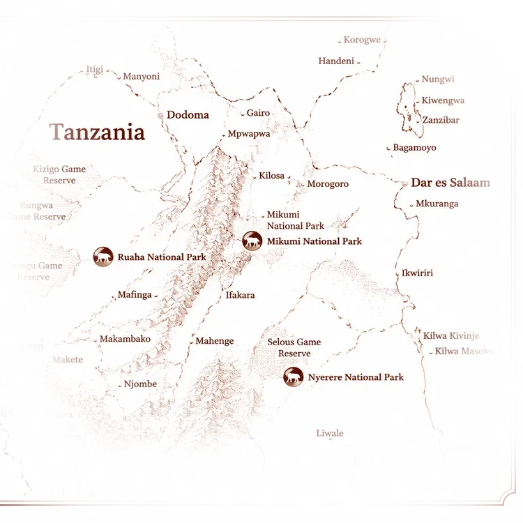 Map of Southern Tanzania showing Ruaha and Katavi National Parks