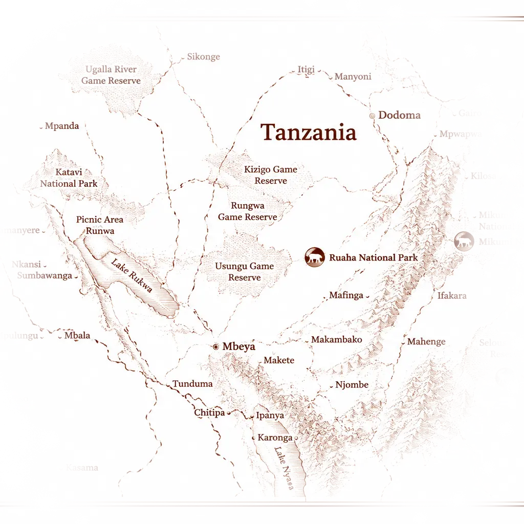 Map of Southern Tanzania showing Ruaha and Katavi National Parks