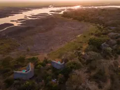 Aerial view of Katavi Wildlife Camp, plains and river systems during a photographic safari in Western Tanzania